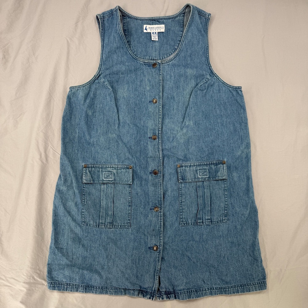 Marsh Landing II Blues Denim Jumper Dress 1X Blue Button Front Cargo Pockets 90s
